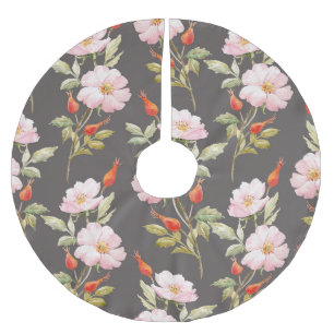Saia Para Árvore De Natal De Poliéster Rosa de Cão Aquarela: Padrão Floral Escuro
