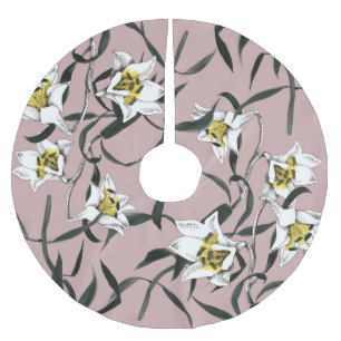 Saia Para Árvore De Natal De Poliéster Rosa Floral: Padrão Desenhado À Mão Da Aquarela