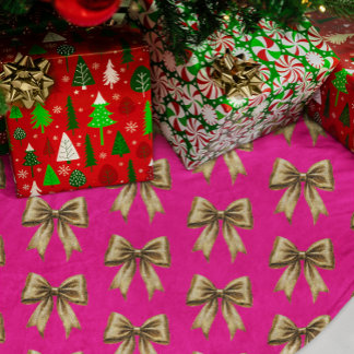 Saia Para Árvore De Natal De Poliéster Rosa quente com Arcos brilhantes Dourados