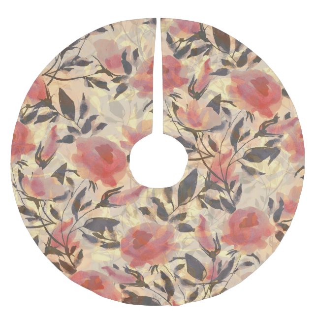 Saia Para Árvore De Natal De Poliéster rosas selvagens primavera: padrão de aquarelas. (Frente)