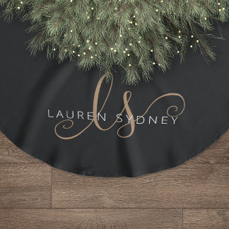 Saia Para Árvore De Natal De Poliéster Script Feminino Dourado Preto Moderno Monograma