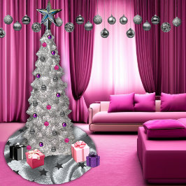 Saia Para Árvore De Natal De Poliéster Silver Shimmer Black Star Mínima Moderna Elegante