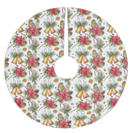 Saia Para Árvore De Natal De Poliéster Sinos de Natal, Aves e Poinsettias