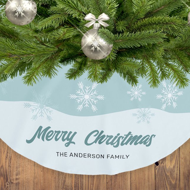 Saia Para Árvore De Natal De Poliéster Snowflakes Teal Modern Script Natal (Criador carregado)