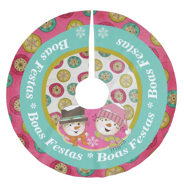 Saia Para Árvore De Natal De Poliéster Snowmen Boas Festas Holiday Tree Skirt (Frente)