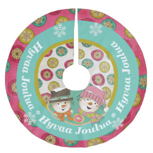 Saia Para Árvore De Natal De Poliéster Snowmen Hyvaa Joulua Holiday Tree Skirt