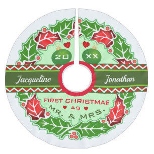 Saia Para Árvore De Natal De Poliéster Sr. e Sra. Primeiro Feliz Natal Holly Wreath