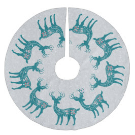 Saia Para Árvore De Natal De Poliéster Teal Reindeer Padrão Silver Glitter