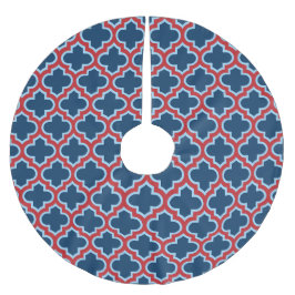 Saia Para Árvore De Natal De Poliéster Trellis, Latice, Quatrefoil, azul e vermelho marro