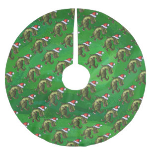 Saia Para Árvore De Natal De Poliéster TRex em Santa Hat em Verde