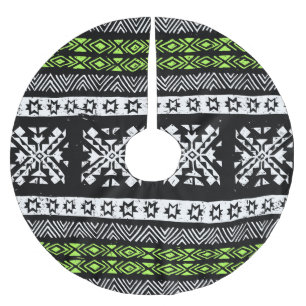 Saia Para Árvore De Natal De Poliéster Tribal Navajo, padrão verde branco preto.