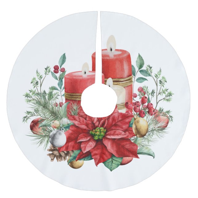 Saia Para Árvore De Natal De Poliéster Velas e Buquê de Poinsettia Natal (Frente)