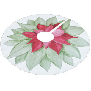 Saia Para Árvore De Natal De Poliéster Verde Vermelho Poinsettia Watercolor, pintada à mã