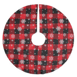 Saia Para Árvore De Natal De Poliéster Vermelho e Preto Xadrez Tradicional com Flocos de