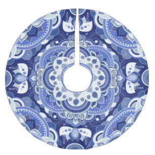 Saia Para Árvore De Natal De Poliéster Vintage azul geométrico, ornamento indiano.