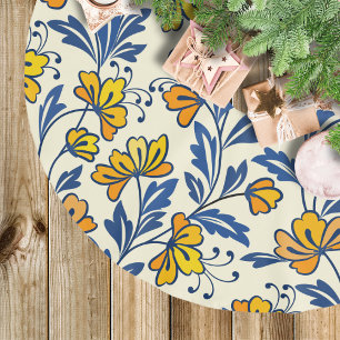 Saia Para Árvore De Natal De Poliéster Vintage Floral Folclórico Folha Azul Laranja Amare