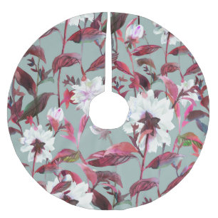 Saia Para Árvore De Natal De Poliéster Watercolor Floral: Blooms Desenhados À Mão.