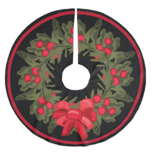 Saia Para Árvore De Natal De Poliéster Watercolor Holly Berry Wreath E Red Ribbon