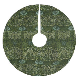 Saia Para Árvore De Natal De Poliéster William Morris Folhas Verdes Grandes e Flor Azul