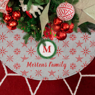 Saia Para Árvore De Natal De Poliéster Wreath Monograma Seu Nome Silver & Red Snowflakes