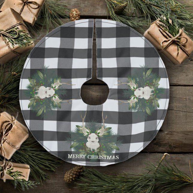Saia Para Árvore De Natal De Poliéster Xadrez de Buffalo Reindet Festivo Natal (Buffalo Plaid Festive Reindeer Christmas Tree Skirt)
