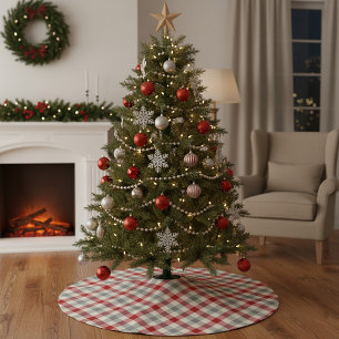 Saia Para Árvore De Natal De Poliéster Xadrez estilo fazenda vermelho e cinza