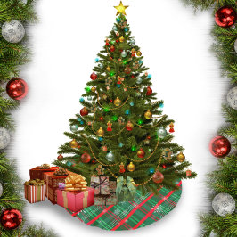 Saia Para Árvore De Natal De Poliéster Xadrez Verde e Vermelho Clássico com Floco de Neve
