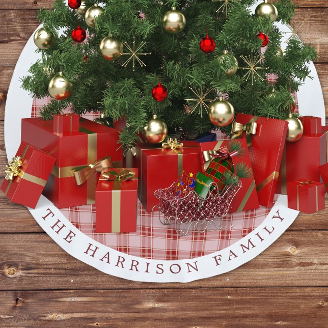 Saia Para Árvore De Natal De Poliéster Xadrez Vermelha Elegante Personalizada (Elegant Red Plaid Personalized Brushed Polyester Tree Skirt)