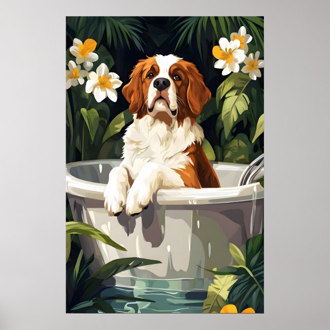 Saint Bernard In Bathtub Poster, Funny Dog Poster (Frente)