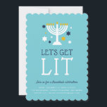 Sair | Convite de festas de Hanukkah<br><div class="desc">Convide amigos e entes queridos para compartilhar um pouco de alegria em Hanukkah com esses convites de festas bonitos de Chanucá. Design engraçado voltado para encontros somente para adultos apresenta "vamos acende" em um fundo de turquesa com uma menorah acesa cercada por estrelas ouro amarelas, azuis e brancas. Personalize com...</div>