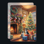 Sala decorada festiva, lareira, cães, vintage<br><div class="desc">Este cartão de Natal apresenta dois cachorros em frente a uma lareira numa sala de estar festivamente decorada com muitos presentes debaixo da árvore de Natal. Vintage. Envie Cartões de natal para seus amigos e família. Texto personalizado e traseiro.</div>