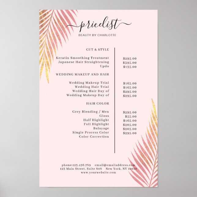 Salão Palm, frondoso, Poster de Lista de Preços (Frente)