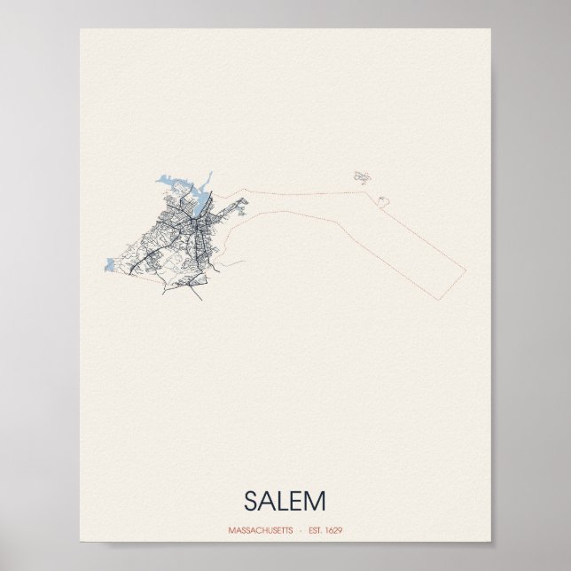 Salem, Massachusetts Mapa de Rua Poster – Fundada  (Frente)