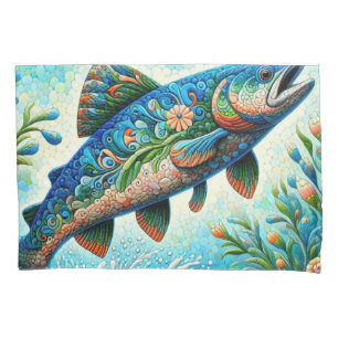Salmão Jumping Mosaico Floral Azul Pêssego Verde