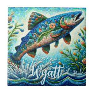 Salmão Saltando Mosaico Floral Azul Personalizado