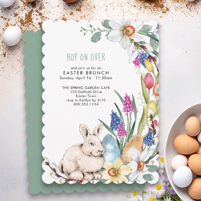 Salto Sobre O Convite De Páscoa Floral De Primaver (Easter Brunch Invitation with cute rabbit, spring flowers and eggs)