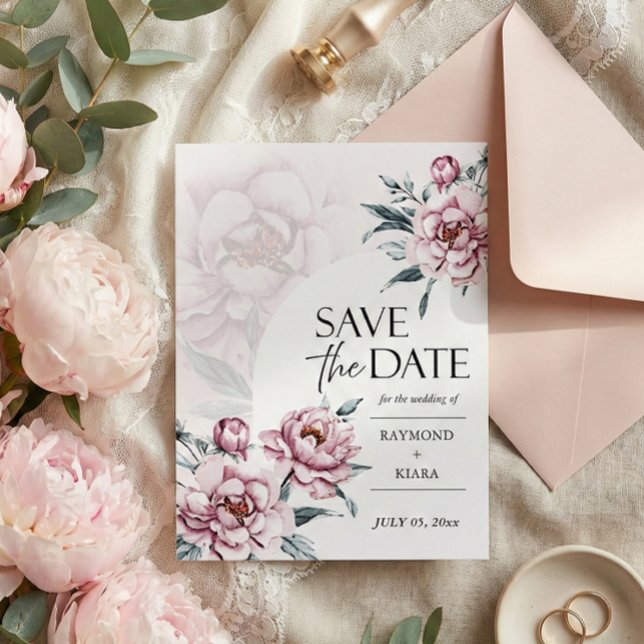 Salvar a data do convite para casamentos de pedras (watercolor pink peony save the date postcard in modern script calligraphy)