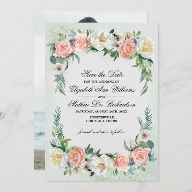 Salve a data. Cartão com fotos Romântico de Casame (Frente/Verso)