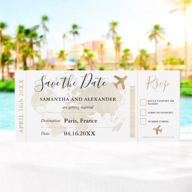 Salve a data do cartão de embarque do mapa do mund (Save the date chic gold world map boarding pass)