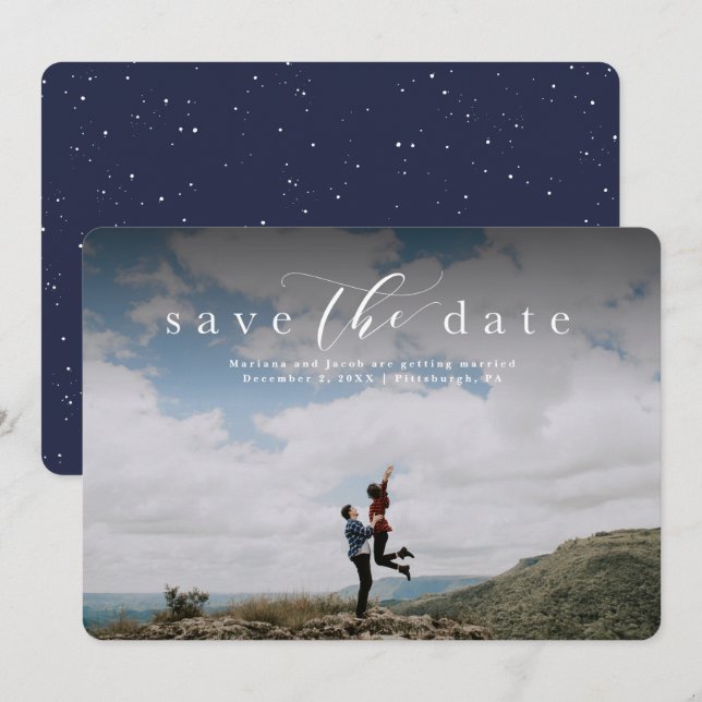 Salve a data elegante cartão de foto com script (Frente/Verso)