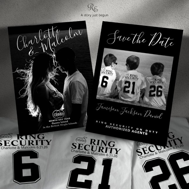 Salve o Cartão com fotos de data com segurança de  (Shown with Ring Security shirts featuring numbers that match the wedding date, sold separately.)