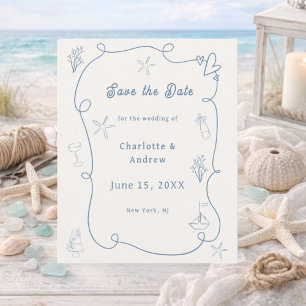 Salve o dia do casamento em azul de praia desenhad