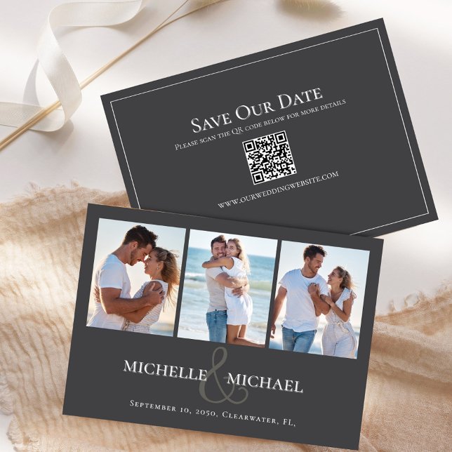 Salve o Modelo de Colagem de Fotos de Casamento de (Classic grey multi photo template save the date card)