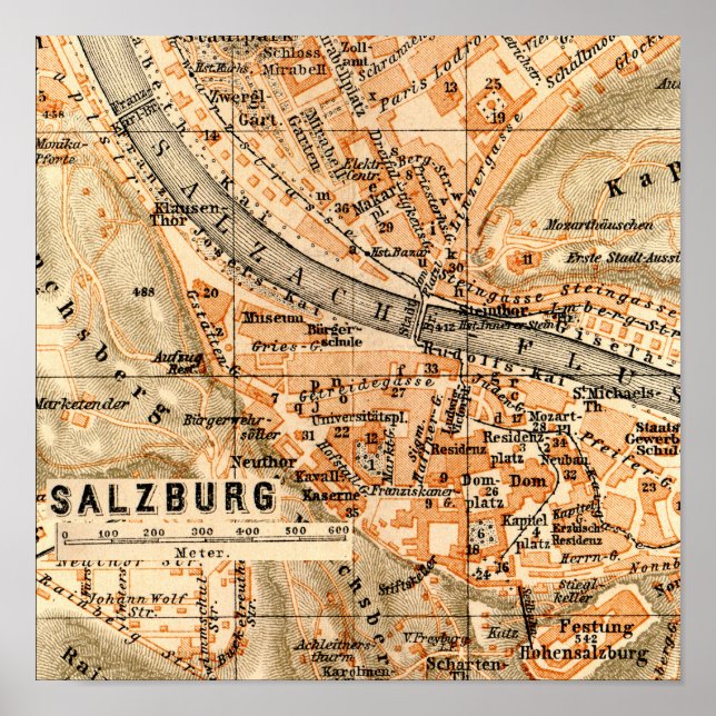 Salzburgo, Áustria - Poster do Mapa do Vintage (Frente)