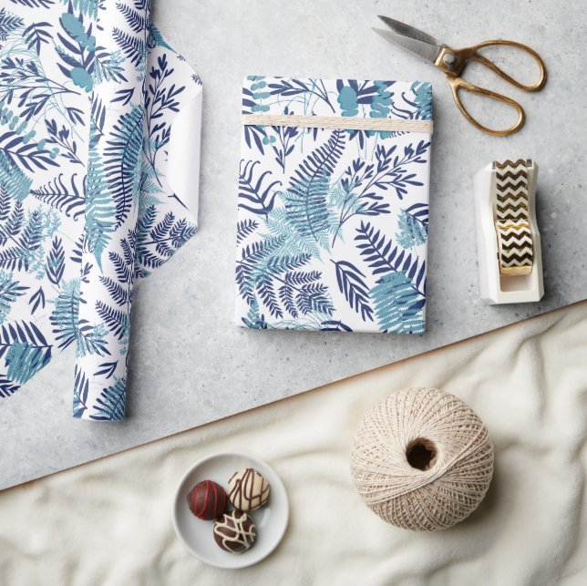 Samambaias em Papel de Presente Azul e Branco (Artesanato)