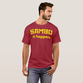 SAMBO - acontece texto amarelo da camisa do