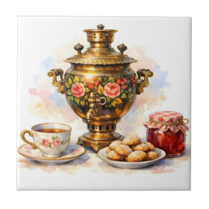 Samovar Russo de Aquarela com Biscoitos e Geleia