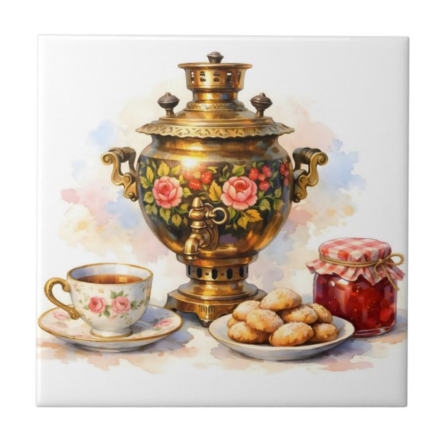 Samovar Russo de Aquarela com Biscoitos e Geleia (Frente)