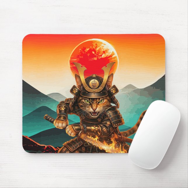 Samurai Cat Warrior Sunset NonSlip Gaming Mousepad (Com mouse)