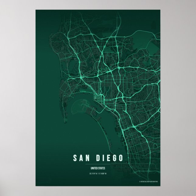 San Diego Emerald Map Print Poster Wallart Gift (Frente)